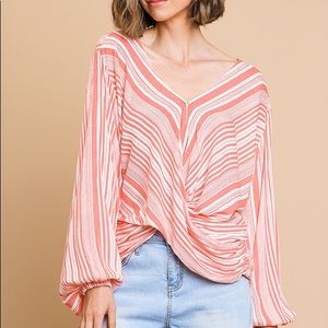 Umgee striped long puff sleeve v-neck top NWT